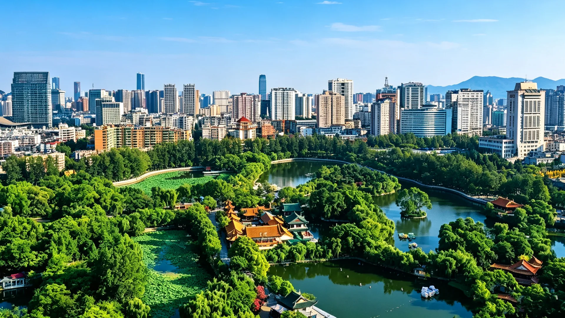Cuihu aerial · lotus, old architecture, city skyline