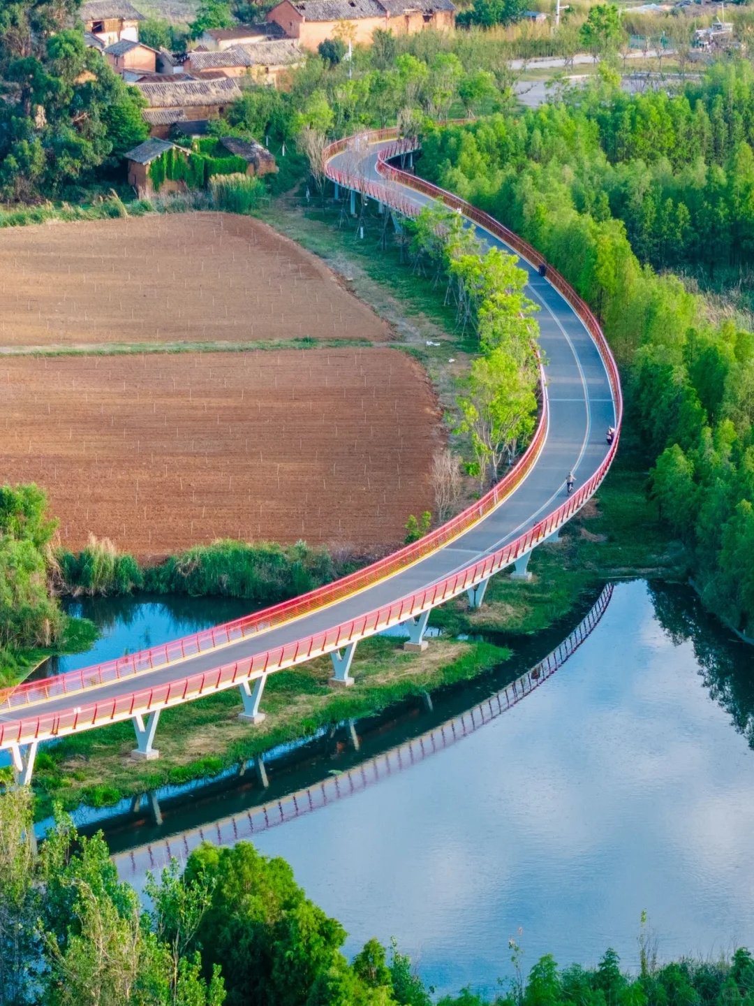 村之桥 S弯栈道跨水岸农田