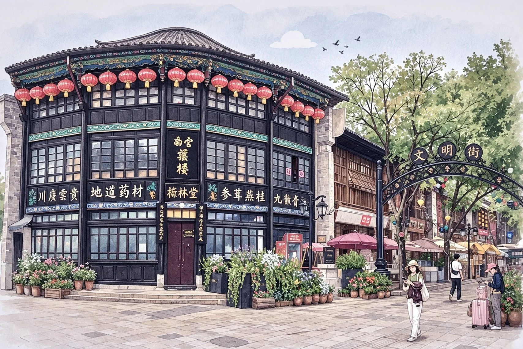 文明街 · 福林堂、南宫楼与文明街牌坊（手绘）